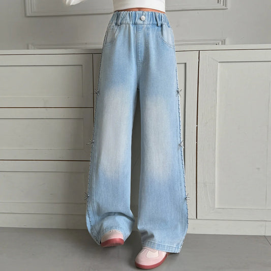 Teenage Girl's Bow Pattern Loose Straight Wide Jeans Pants