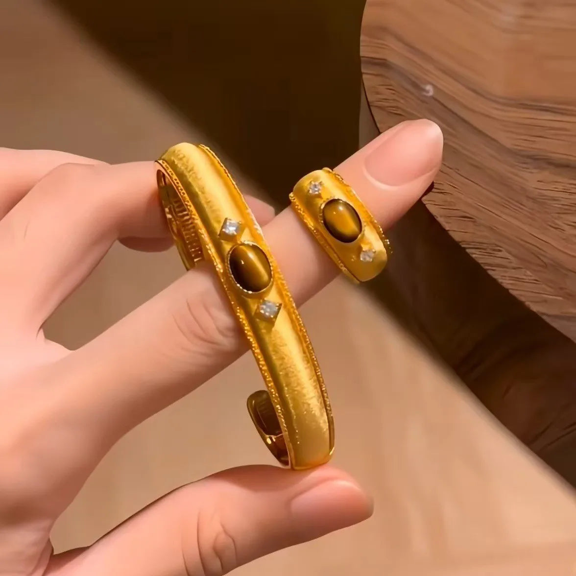 Tiger Eye Bangle & Open Ring Set